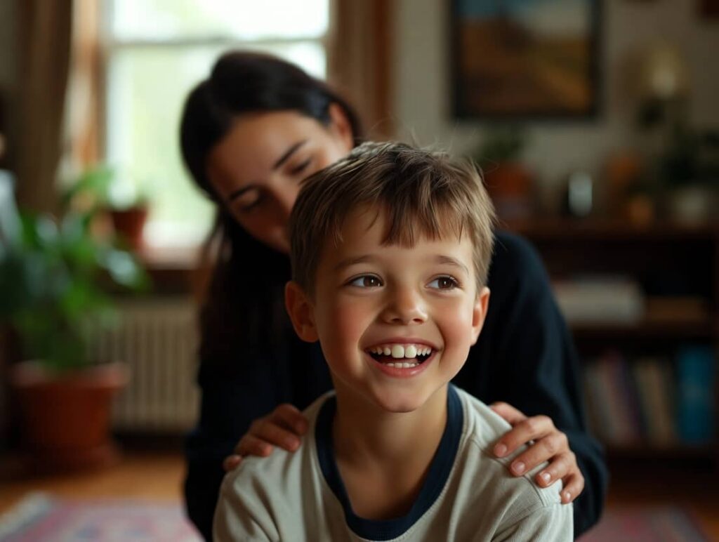 Child smiling with therapist or in welcoming therapy room