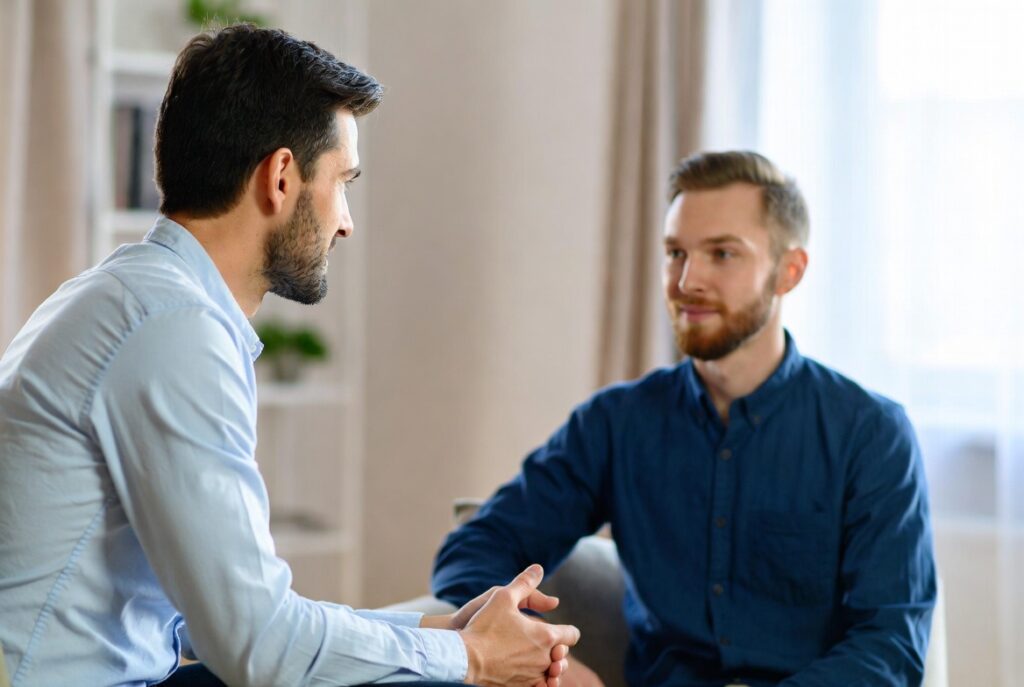 Therapist and male client in conversation during a private mens counselling session in North London