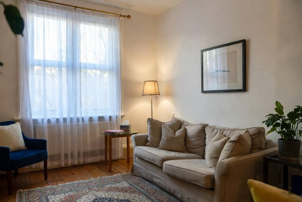 Comfortable therapy room in Hampstead used for private OCD counselling sessions